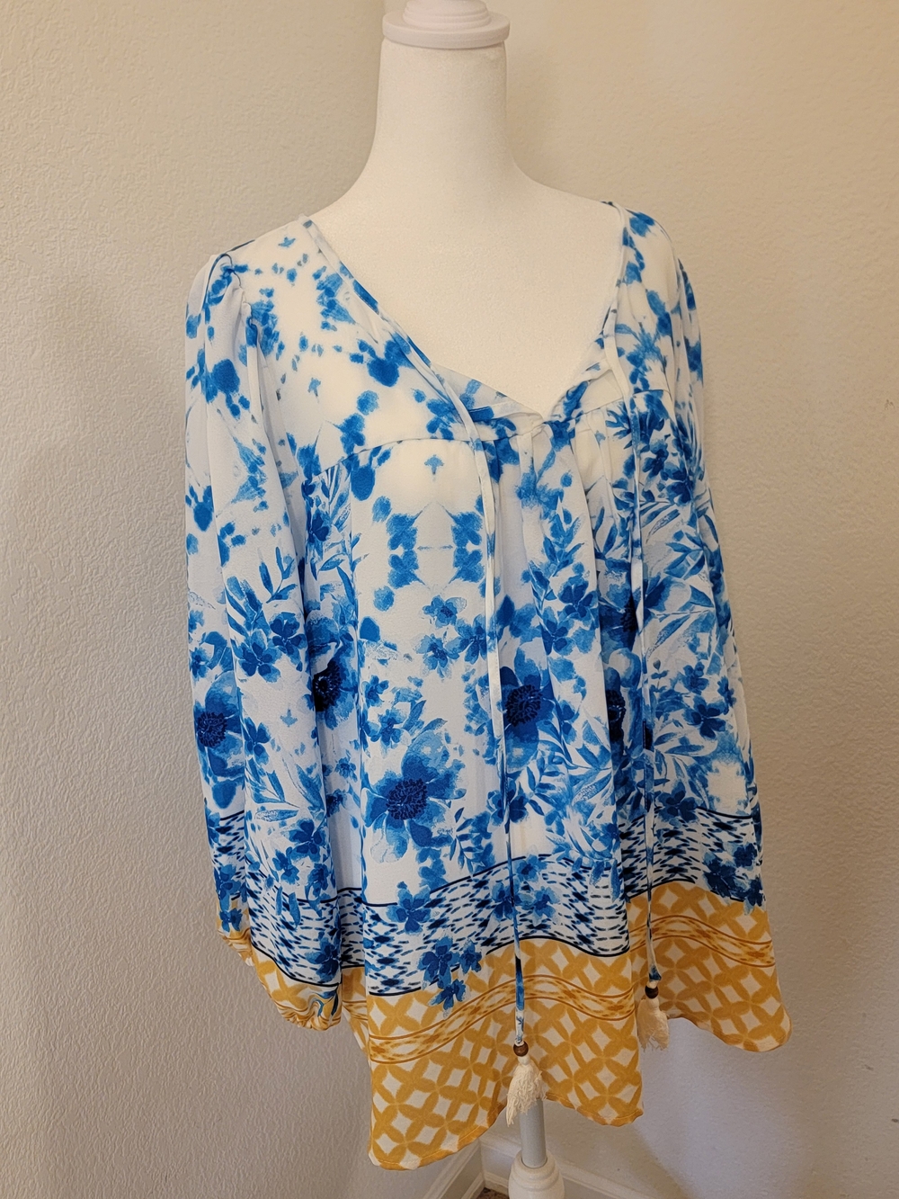Chenault Blue & White Floral Boho Tie-Front Tunic with Yellow Border - XL